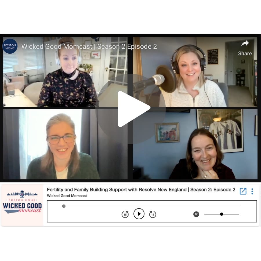 Still image from the Fertility and Family Building Support with RNE Boston Mom's Wicked Good Momcast episode featuring RNE staff
