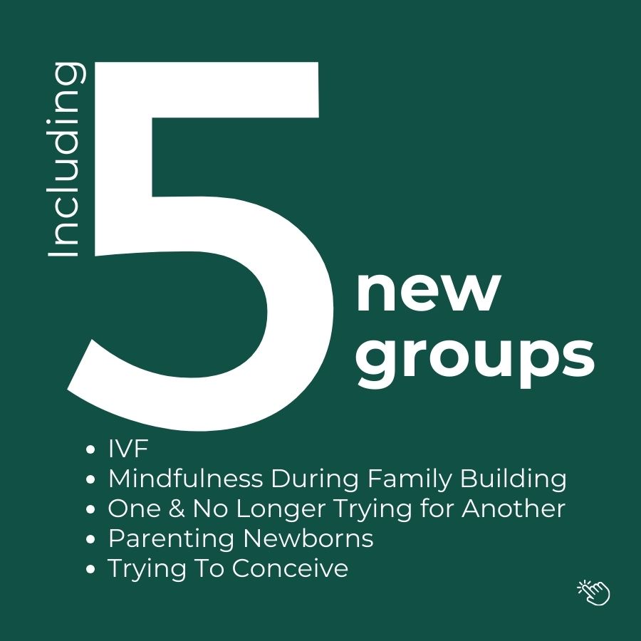 graphic saying: including 5 new groups - IVF, Mindfulness During Family Building, One and No Longer Trying for Another, Parenting Newborns, TTC